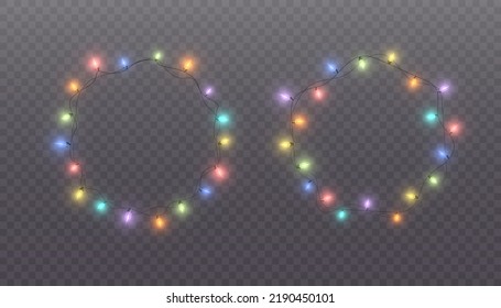 Christmas lights. Colorful glowing garlands. Bright, yellow, flickering light bulbs on the wires. Vector