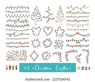 Christmas lights colorful isolated clip arts bundle, Christmas garlanr set, funny lights strings pink blue red set, printable new year decor