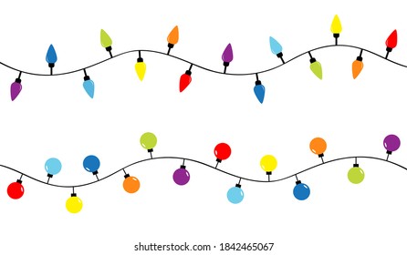 Christmas lights. Colorful string fairy light set. Holiday festive xmas decoration. Lightbulb glowing garland. Round cone shape. Rainbow color. Flat design. White background. Isolated. Vector