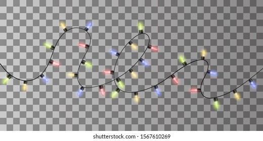 Christmas lights. Colorful Xmas garland. Vector red, yellow, blue and green glow light bulbs on wire strings isolated. Christmas decorations