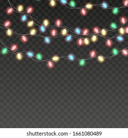 Christmas lights. Colorful Xmas garland. Vector red, yellow, blue and green glow light bulbs on wire strings isolated.