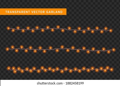Christmas lights. Colorful Xmas garland on the transparent background. Vector heart shaped orange glow light bulbs on wire strings isolated.