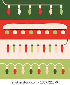 Christmas lights. Colorful Xmas garlands in red, green and white. Flat style vector illustration for seasonal design