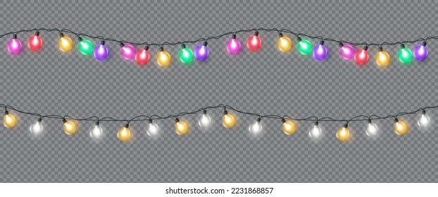 Christmas lights continuous vector set design. Seamless colorful xmas garland collection with glowing and sparkling light in transparent background. Vector Illustration.