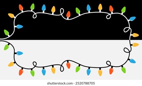 Christmas lights corner frame. Glowing lightbulb garland set. Colorful string fairy light. Rainbow color. Holiday xmas decoration. Banner template. Flat design. Isolated. Black White background Vector