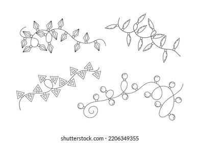 Christmas lights curly string garlands set simple doodle hand drawn vector illustration, outline image for winter New Year holiday, birthday events design 