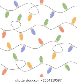 Christmas lights, cute seamless pattern on a light background, New Year's mood, garland, vector