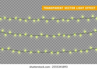 Christmas lights decoration garlands. Set of festive design ornament. Decorative realistic element. Holiday Xmas Decor. New Year light effects isolated. Vector illustration