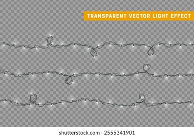 Christmas lights decoration garlands. Set of festive design ornament. Decorative realistic element. Holiday Xmas Decor. New Year light effects isolated. Vector illustration