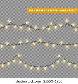 Christmas lights decoration garlands. Set of festive design ornament. Decorative realistic element. Holiday Xmas Decor. New Year light effects isolated. Vector illustration