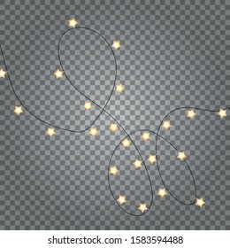 Christmas lights decorations isolated on transparent background. Gold light garlands with stars realistic flatlay. Golden Xmas decor top view. Festive design element.