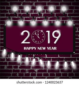 Christmas lights decorations set on purple brick wall background. New Year 2019 concept. Vector illustration