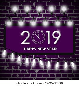 Christmas lights decorations set on vioet brick wall background. New Year 2019 concept. Vector illustration