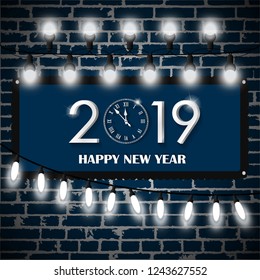 Christmas lights decorations set on blue brick wall background. New Year 2019 concept. Vector illustration