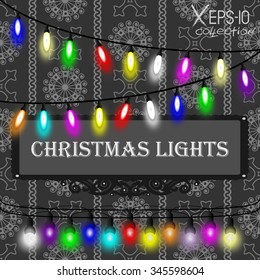 Christmas lights decorations set on grey seamless vintage ornamental pattern on black background. Vector illustration