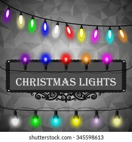 Christmas lights decorations set on black abstract geometric rumpled triangular graphic background. Vector illustration