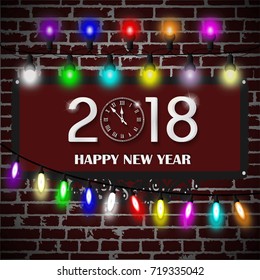 Christmas lights decorations set on black brick wall background. New Year 2018 concept. Vector illustration