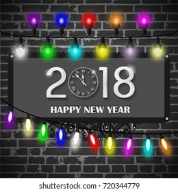 Christmas lights decorations set on black brick wall background. New Year 2018 concept. Vector illustration