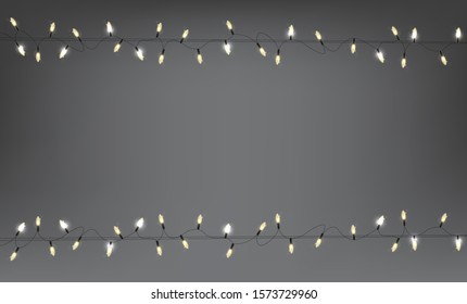 Christmas lights, decorative design elements, gray banner, celebration background, realistic lights isolated vector illustration