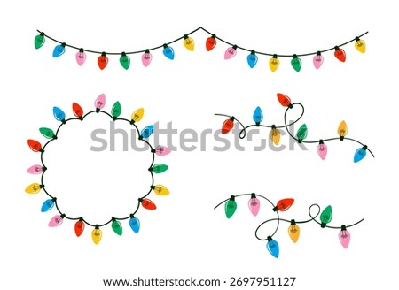 Christmas lights decorative elements collection. Colorful vector illustration.