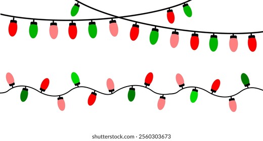 Christmas lights decorative. Multicolored bulbs on strand with red and green colour. Xmas light. Vector illustration of strings of christmas lights. Happy new year greeting card