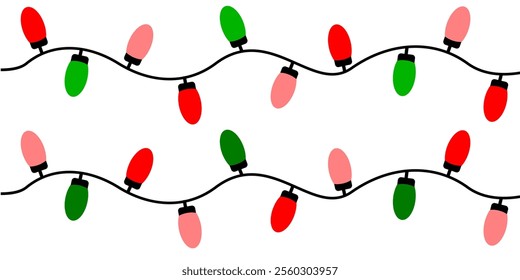 Christmas lights decorative. Multicolored bulbs on strand with red and green colour. Xmas light. Vector illustration strings of christmas lights. Happy new year greeting card isolated in white