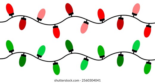 Christmas lights decorative. Multicolored bulbs on strand with red and green colour. Xmas light. Vector illustration strings of christmas lights. Happy new year holiday greeting card isolated in white