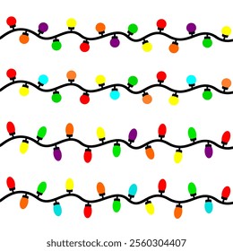 Christmas Lights Decorative. Multicolored bulbs on strand. Xmas light. Vector illustration of strings of christmas lights. Happy new year greeting card