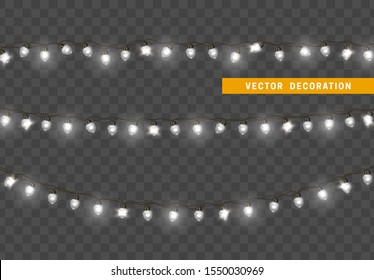 Christmas lights. Design element, decorations new year glowing lights. Decorative Xmas realistic objects. Holiday decor set of garlands. Isolated on transparent background. vector illustration