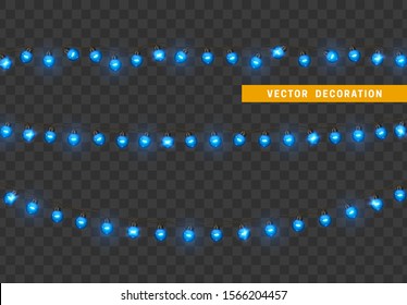 Christmas lights. Design element, decorations new year glowing lights. Decorative Xmas realistic objects. Holiday decor set of garlands. Isolated on transparent background. vector illustration