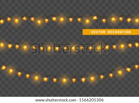 Christmas lights. Design element, decorations new year glowing light. Decorative Xmas realistic objects. Holiday decor set of garlands. Isolated on transparent background. vector illustration