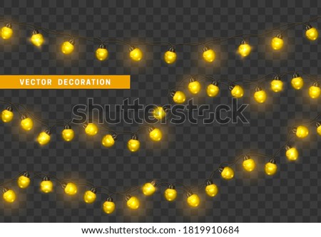Christmas lights. Design element, decorations new year glowing lights. Decorative Xmas realistic objects. Holiday decor set of garlands. Isolated on transparent background. vector illustration