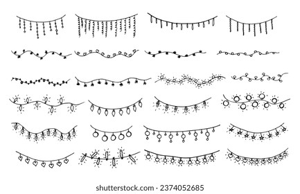 Christmas lights doodle. Set of decorations, garlands. String lights. Vector hand-drawn Christmas illumination Design for home decoration isolated on white background.