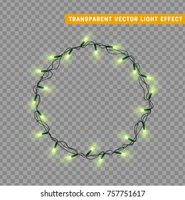 Christmas lights effects. Xmas decorations garland wreaths, Isolated vector design elements. 