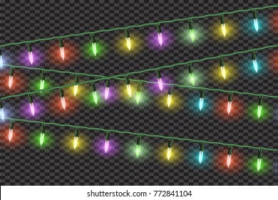 Christmas lights effects,garlands. Vector design elements,decorations isolated. Glowing lights for Holiday greeting card design. Christmas realistic luminous garland