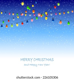 Christmas lights and falling snow on blue background, illustration.