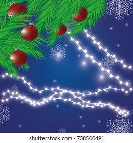 Christmas lights festive decorations. Glowing New Year's neon garland against the background of a frosty fog. Vector illustration