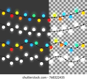 Christmas lights festive decorations. New Year's neon garland background. Vector illustration