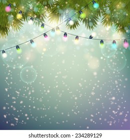 Christmas Lights  and fir twigs background . Vector illustration. 