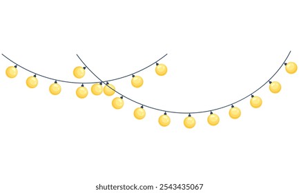Luzes de Natal em estilo plano. Decoração de Natal festiva com lâmpadas. Garland brilhante de lâmpadas. Garland vetor com lâmpadas coloridas, desenhado à mão.