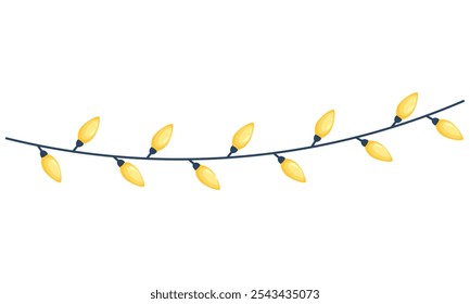 Christmas lights in flat style. Festive Christmas decoration with light bulbs. Glowing garland of light bulbs. Vector garland with colorful light bulbs, hand drawn.