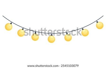Christmas lights in flat style. Festive Christmas decoration with light bulbs. Glowing garland of light bulbs. Vector garland with colorful light bulbs, hand drawn