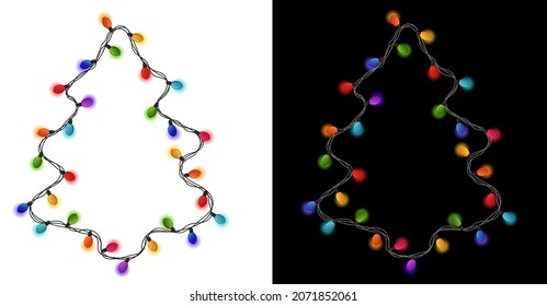 Christmas lights frame. Glowing lights banner christmas tree shape. Colorful christmas garlands frame. Red, yellow, green, plum, blue Christmas lights. Happy new year  cartoon decor string lights.