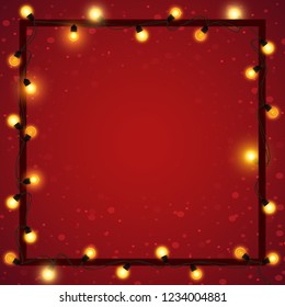 Christmas lights with frame on abstract blurred background, vector illustration with glowing effect