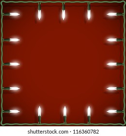 Christmas lights frame on red background. Vector decorative garland