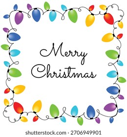 Quadro de luzes de Natal no fundo branco com texto Feliz Natal. Quadro com lâmpada colorida. Luzes de Natal guirlanda decorativa. Lâmpadas de Natal. Ilustração vetorial. 