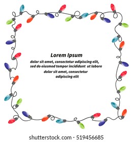 Christmas Lights Frame For Your Design. Vector Celebration Border With Watercolor Light Bulbs. 