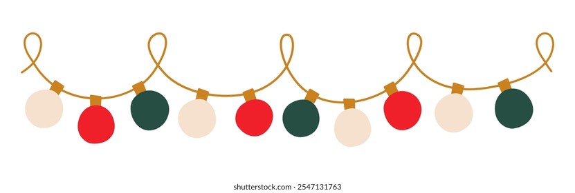 Navidades luces guirnalda con bombillas de colores. Decoración festiva de la cuerda de Navidad con la bola retro colgante. Cadena brillante con lámparas para tarjetas de vacaciones, Anuncios, carteles, Web. Ilustración vectorial.