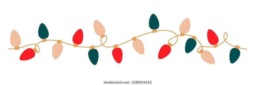 Christmas lights garland with colored bulbs. Glowing Xmas festive tangled string decoration with hanging retro lamps lightbulb for holiday cards, banners, posters, web. Isolated vector illustration.