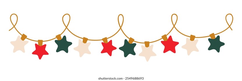 Christmas lights garland with colored star bulbs. Xmas festive string decoration with hanging retro ball. Glowing string with lamps for holiday cards, banners, posters, web. Vector illustration.